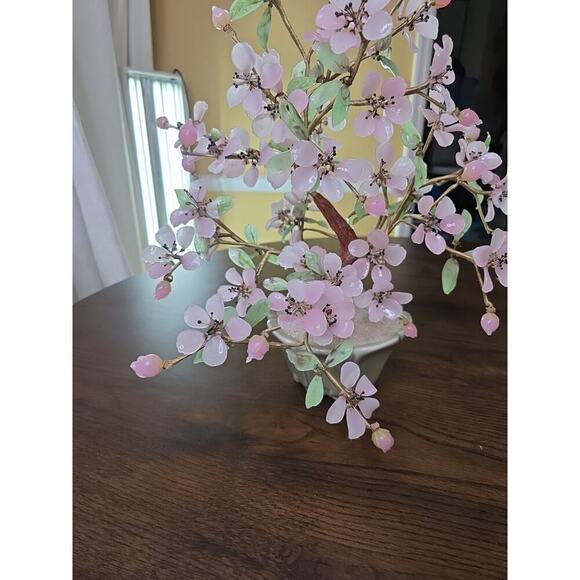 Vintage Large Mid Century Chinese Jade Glass Agate Bonsai Flower Tree 15 X 18 - Picture 7 of 16